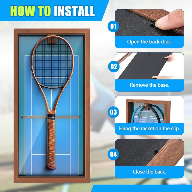 Chunful Wooden Tennis Racket Display Frame Wall Mounted Tennis Racket Storage Rack Display Stand with Walnut Base Copper, 31.5 x 15.8 Inch - Image 4
